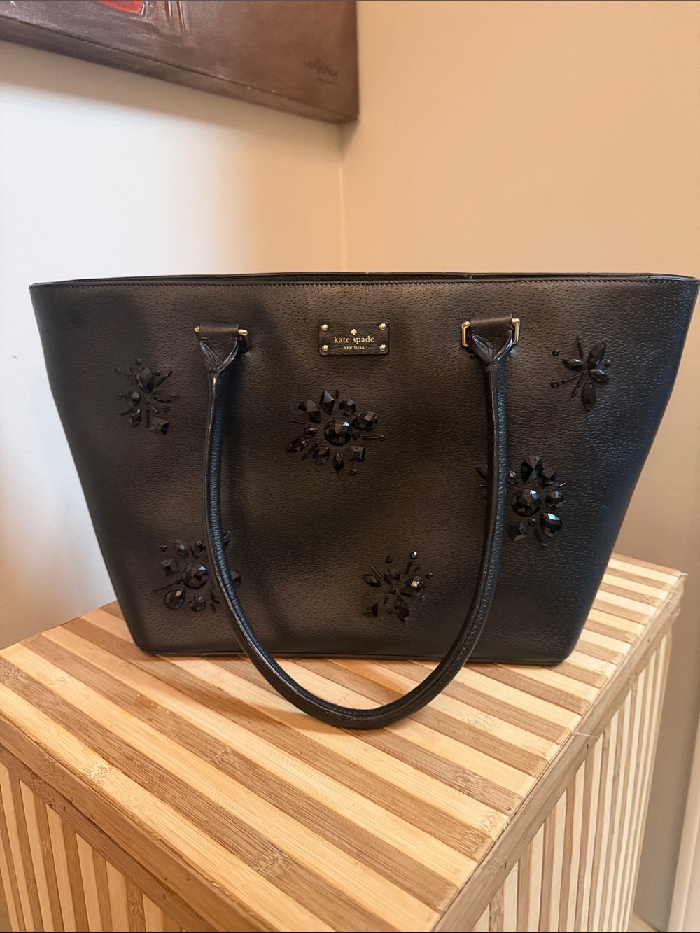 kate spade black jeweled leather tote